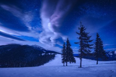Karpatya dağlarında kış. Yükseklerdeki renkli gece manzarası, Mutlu Yeni Yıl kutlamaları konsepti.
