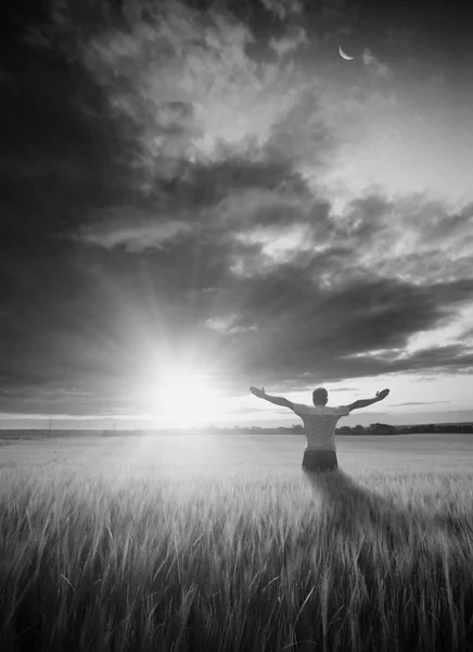 Man in a field. Black and white — Stock Photo, Image