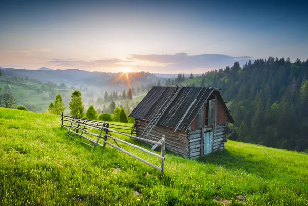 緑の丘の上に木造の住宅 — ストック写真