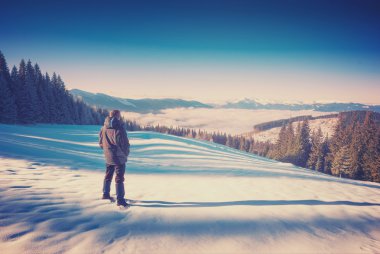 Hiker in a Carpathian winter mountain valley. Vintage clipart