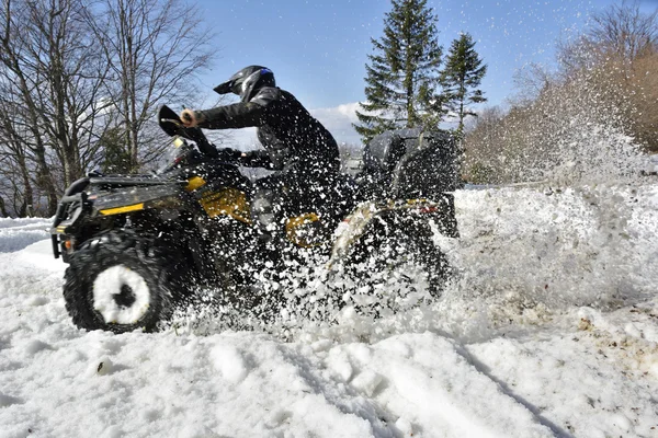 Homme conduisant un quad dans le champ d'hiver Photos De Stock Libres De Droits