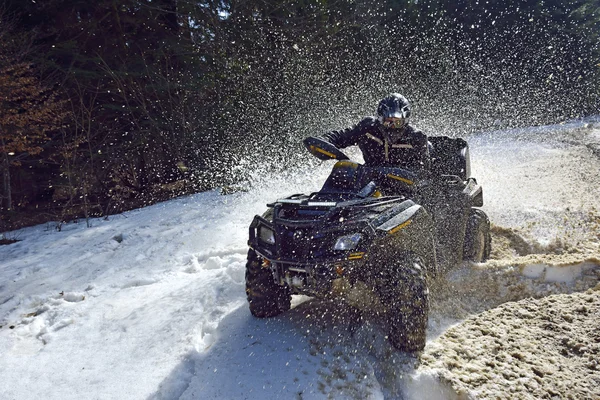 Άνθρωπος οδήγηση ενός quad bike στο πεδίο χειμώνα Εικόνα Αρχείου