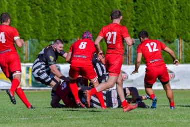 Brasov, Romanya, 30 Ağustos 2020 - Dinamo Rugby VS RUGBY U Cluj Oficial, yarı final Süper Liga Cec Bank arasındaki maçta bilinmeyen rugby oyuncusu