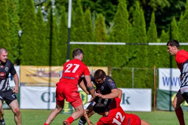 Brasov, Romanya, 30 Ağustos 2020 - Dinamo Rugby VS RUGBY U Cluj Oficial, yarı final Süper Liga Cec Bank arasındaki maçta bilinmeyen rugby oyuncusu