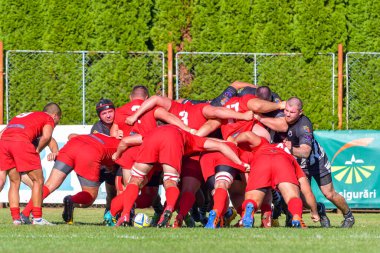 Brasov, Romanya, 30 Ağustos 2020 - Dinamo Rugby VS RUGBY U Cluj Oficial, yarı final Süper Liga Cec Bank arasındaki maçta bilinmeyen rugby oyuncusu