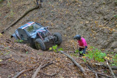 SARATA MONTEORU, BUZAU, ROMANIA  11-14 October, 2018: Unknow Competitor at GTC TROPHY 2018  The longest day Romanian Off-Road Championship clipart