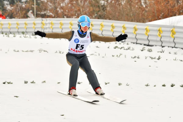 Rasnov Romênia Março 2018 Saltador Esqui Desconhecido Compete Fis Ski — Fotografia de Stock