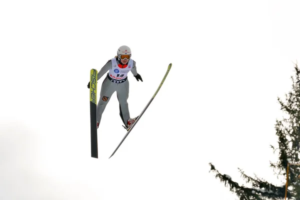 Rasnov Romênia Março 2018 Saltador Esqui Desconhecido Compete Fis Ski — Fotografia de Stock