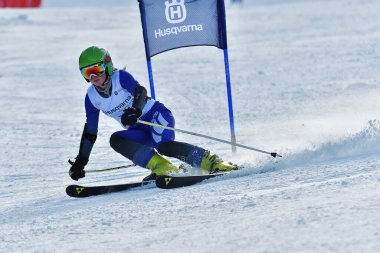BRASOV, ROMANIA - Şubat 2017: Romanya 'daki genç yarışmacılar Husqvarna CUP Junior Alpine Ski 4 - 5 Şubat 2017 tarihleri arasında,
