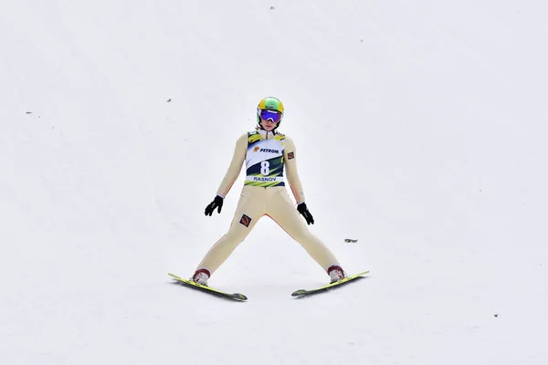 Rasnov Romania February Unknown Ski Jumper Competes Fis Ski Jumping — Stock Photo, Image