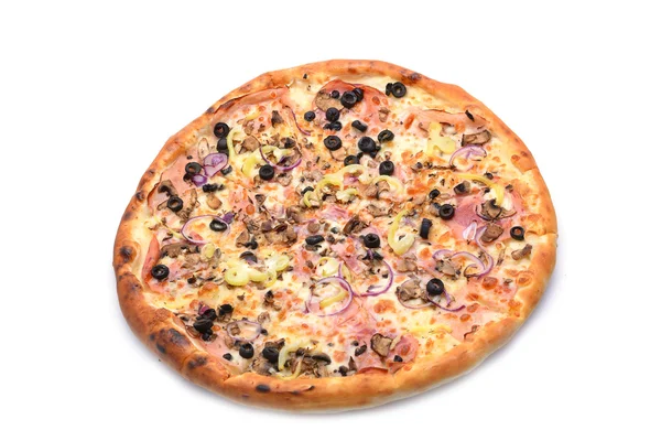 Pizza with ham, onion and olives — Stock Photo, Image