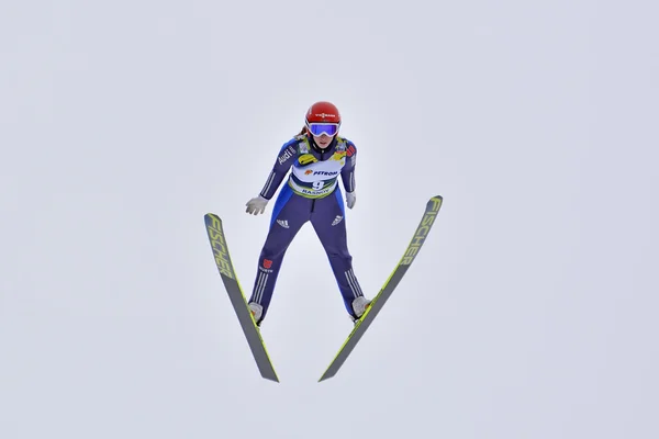 Un sauteur à ski inconnu participe à la Coupe du monde FIS de saut à ski féminin le 7 février 2015 à Rasnov Images De Stock Libres De Droits
