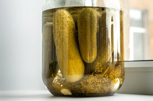 Pickled cucumbers in a glass jar — Stock Photo, Image