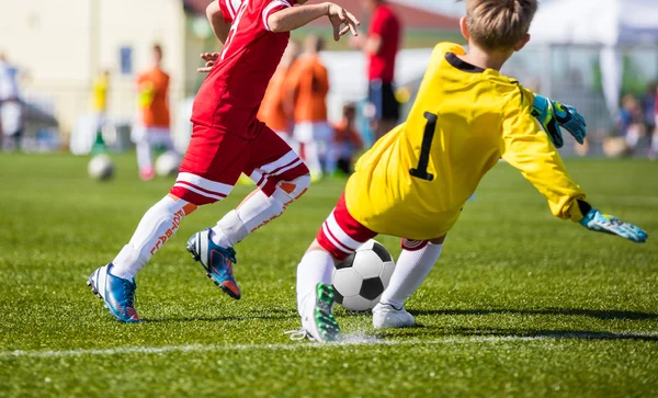 Children Playing Soccer Football Match. Youth Soccer Forward and Goalkeeper Duel — Stock Photo, Image