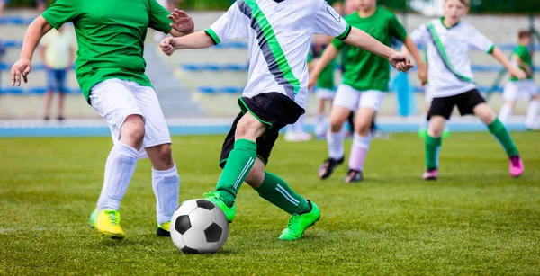Young Boys Playing Soccer Game on the Professional Football Pitch. Football Soccer Tournament for Youth Teams. — Stock Photo, Image