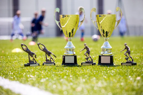 Soccer championship gold trophies — Stock Photo, Image