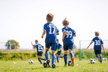 Futbol Eğitim Kampında Topların Peşinde koşan Çocuklar. Çocuklar çim tarlasında futbol antrenmanı yapıyor. Okul Çocukları Futbol Toplarını Tekmeliyor