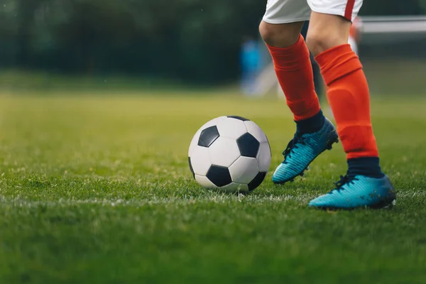 Soccer Players Legs Footballer Kicking Ball Natural Grass Field Closeup — Stock Photo, Image