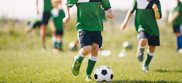 天然芝スポーツ場でサッカーボールをした後に走る子供たち 子供たちのグループは 体育の授業でサッカーのスキルを訓練 コーチ付きの子供のためのスポーツ夏の練習 — ストック写真