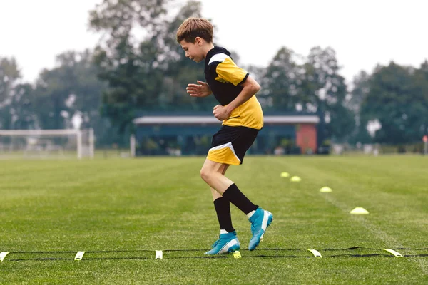 Junior football club player training on soccer ladder. Football training for sport team. Young boy runnong on agility ladder. Football training equipment: ladder, goal and cones