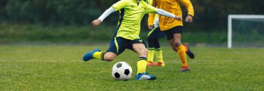 Çocuklar Spor Maçı oynuyorlar. Top peşinde koşan bir grup futbolcu. Arka planda Futbol Golü