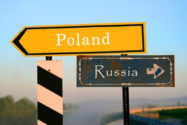 poland and russia signpost. international relations metaphore clipart