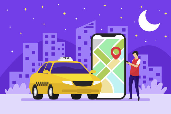 Taxi app concept in the night Vector illustration — Stock Vector