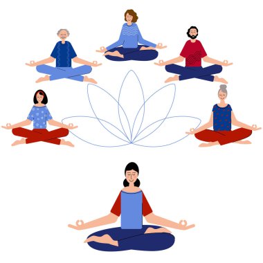 Yoga herkes içindir. Pople Difrent Age grubu daha rahat hissetmek için birlikte meditasyon yapıyor. Yoga pozunda meditasyon. Yoga Zamanı.