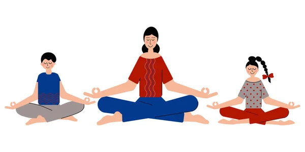 Mulheres Menina Menino Meditar Fazer Yoga Juntos Para Sentir Mais —  Vetores de Stock