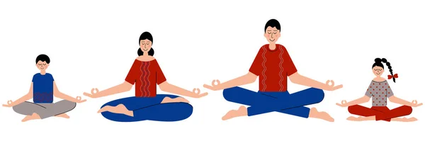 Padre Madre Hija Hijo Meditan Hacen Yoga Juntos Para Sentirse — Vector de stock