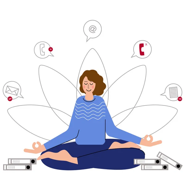 Mujer Medita Para Sentirse Más Relajada Libre Yoga Trabajo Meditación — Vector de stock