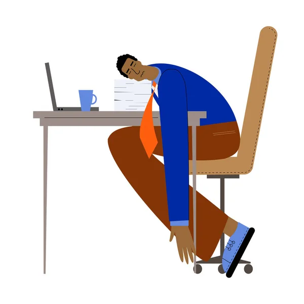拖延和拖延工作任务的概念 疲倦或懒惰的商人睡在工作场所 靠着电脑躺在桌子上 别再工作了 放轻松 — 图库矢量图片