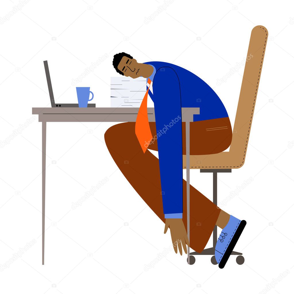 Procrastination and delaying working tasks concept. Tired or lazy businessman sleeping at working place lying on desk with computer. Stop working just relax.