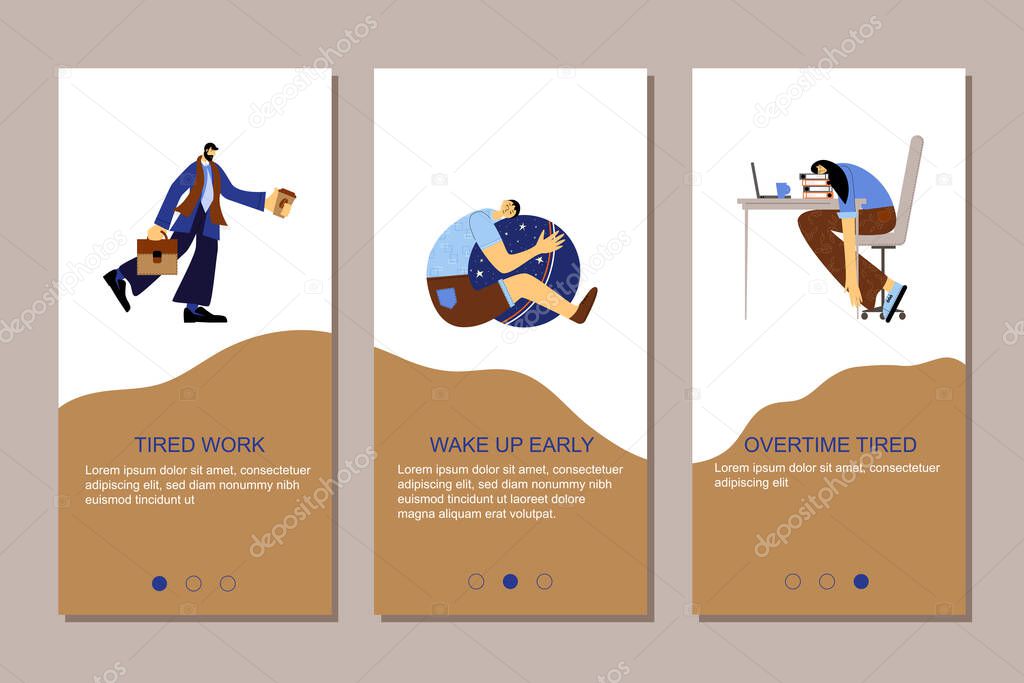 Set with tired and sleepy people. A man, a woman, and a boy sleeping in different positions at home and at work. Mobile App Page Tired Work, Wake Up Early, Overtime Tired.