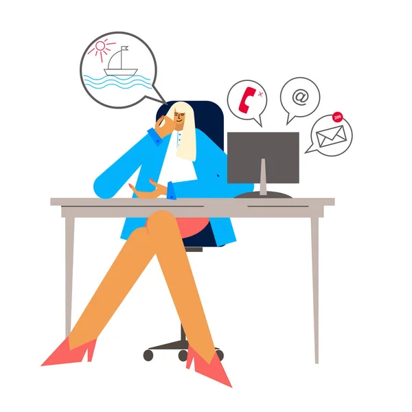 Procrastination Retardement Concept Tâches Travail Femme Assise Dans Bureau Rêvant — Image vectorielle