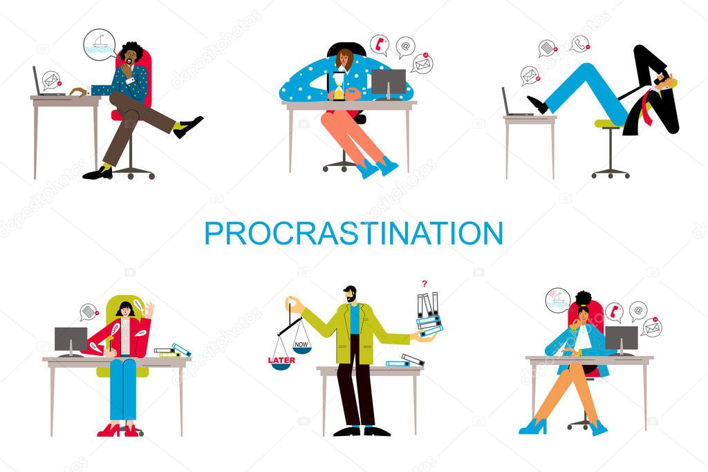Procrastination and delaying working tasks concept. Irresponsible office employes procrastinating. Lazy people in office. Office people worker character at workplace set.