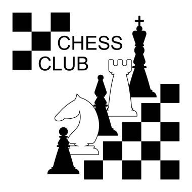 Siyah ve Beyaz Satranç taşları. Vezir, fil, at, kale, piyon. Satranç Kulübü. Vektör illüstrasyonu.