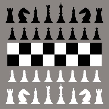 Siyah ve Beyaz Satranç taşları. Masa oyunu. Kral, vezir, fil, at, kale, piyon. Vektör illüstrasyonu.