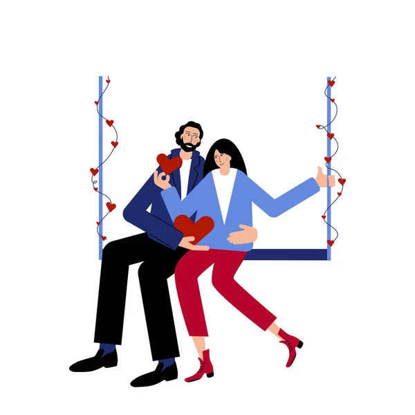 Joli Jeune Couple Balance Sur Balançoire Jeune Homme Étreint Fille — Image vectorielle