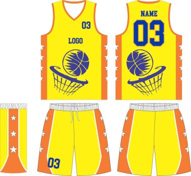 Basketbol tişörtü tasarımı, üniforma takımı. Özel tasarım basketbol forması şablonu. Ön ve arka manzara tişörtü ve şortu uydurma. Çizim Vektörü
