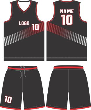 Basketbol tişörtü tasarımı, üniforma takımı. Özel tasarım basketbol forması şablonu. Ön ve arka manzara tişörtü ve şortu uydurma. Çizim Vektörü