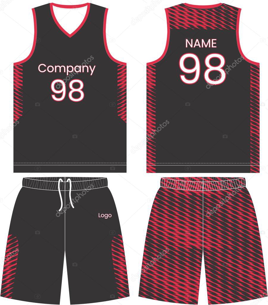  basketball t-shirt design uniform set of kit. custom design basketball jersey template. front and back view shirt and shorts mock up. Illustration Vector