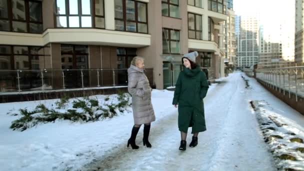 Девушка и старуха прогуливаются по городу и общаются — стоковое видео
