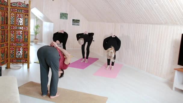 Drei ältere Frauen praktizieren zu Hause Yoga-Übungen mit einem Instruktor. — Stockvideo