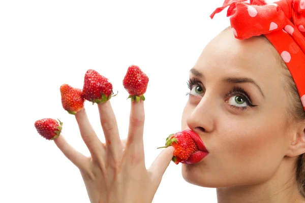 Woman with red strawberries — Stock Photo, Image