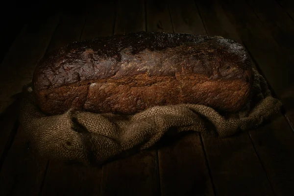 Fresh Bread Baked Homemade Artisan Sourdough Rye Sackcloth Table Close — Stock Photo, Image