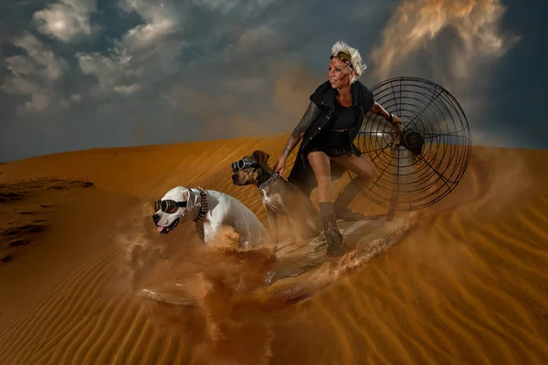 Post Apocalyptic Woman Riding Surfboard Her Dogo Argentino Pit Bull — Stock Photo, Image