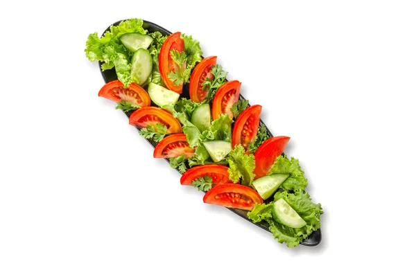 Gartensalat Tomaten Gurken Salatblätter Auf Dem Boot Teller Isoliert Auf — Stockfoto