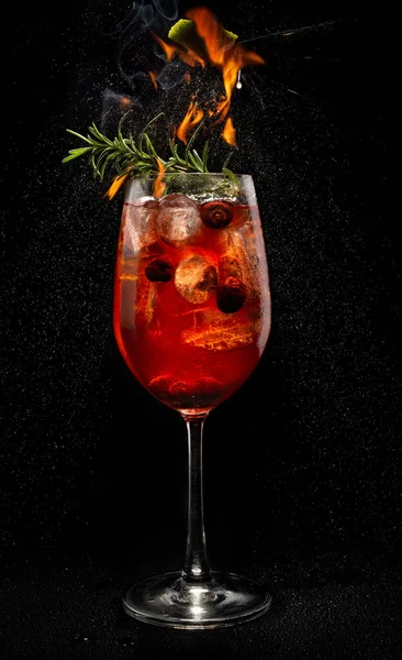 Forest Aperol Spiritz Cocktail Fire Lime Black Background — Stock Photo, Image