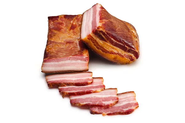 Hela Rökt Fläsk Bacon Med Skivor Vit Bakgrund Livsmedelsprodukt Stockfoto